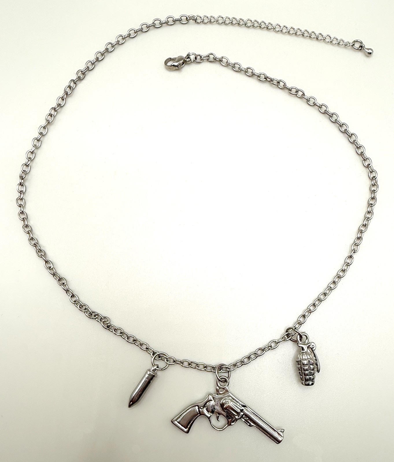 Gun Pistol Bullet Hand Grenade Charm Silvertone Chain Necklace adj length to 21″