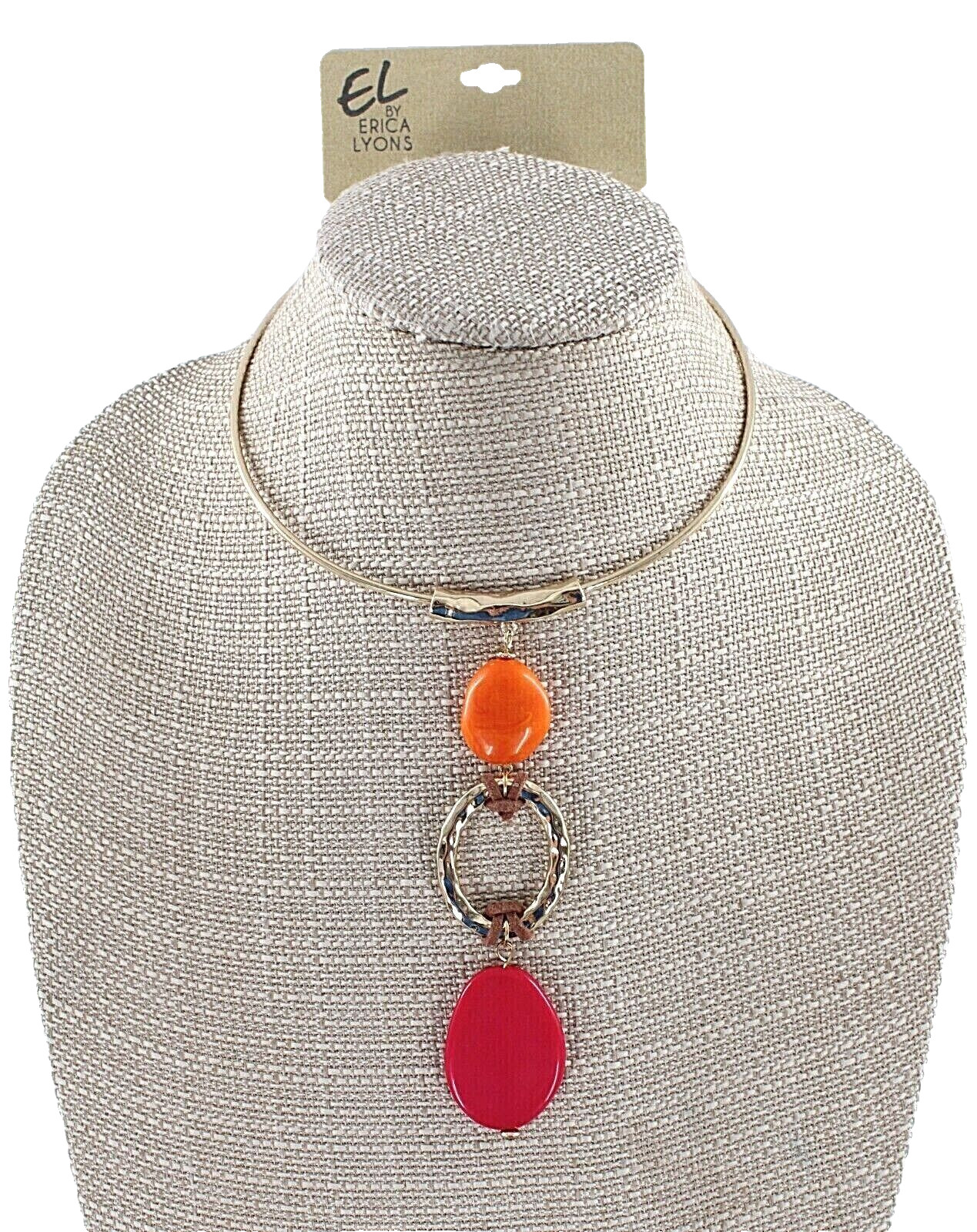 Erica Lyons Gold Choker Necklace with Orange & Fuchsia Stones $28 Tags #N2724