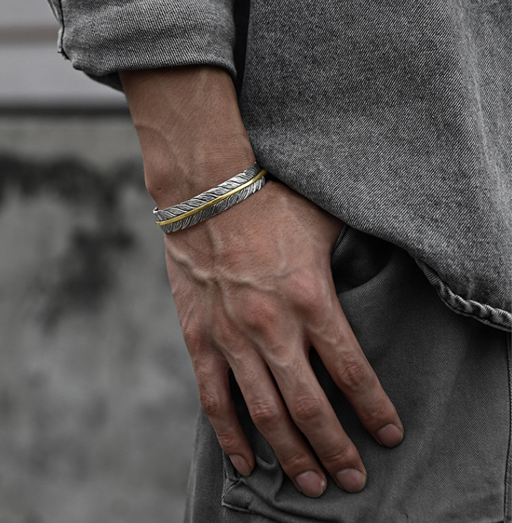 1-2× Men’s Silver Feather Adjustable Bangle Cuff Bracelet Fashion Retro Jewelry