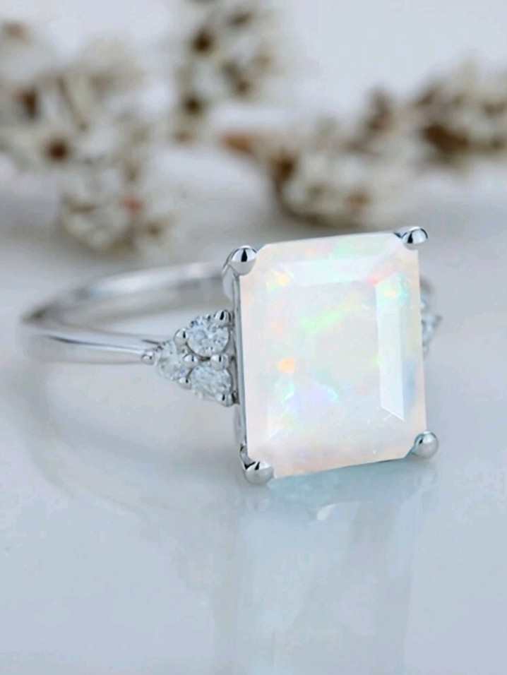 Silver-Plated Zinc Ring Square Cut Opal Stone Size 7