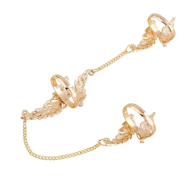 Gold Rhinestone Leaf Feather Slave Chain Link Flexible Joint Rings Gift Party AK