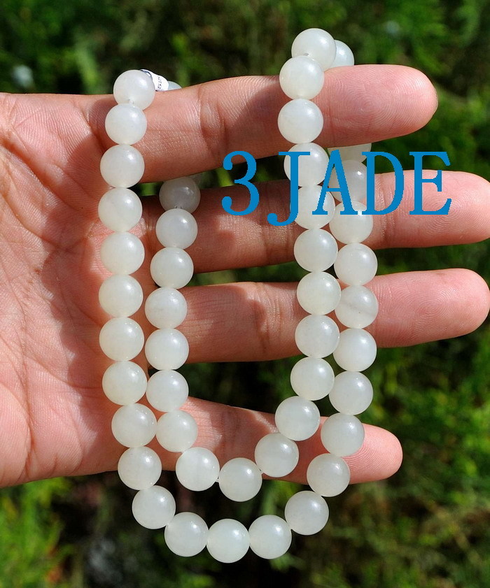 18″ Natural White Hetian Nephrite Jade Beads Necklace, w/ Certificate