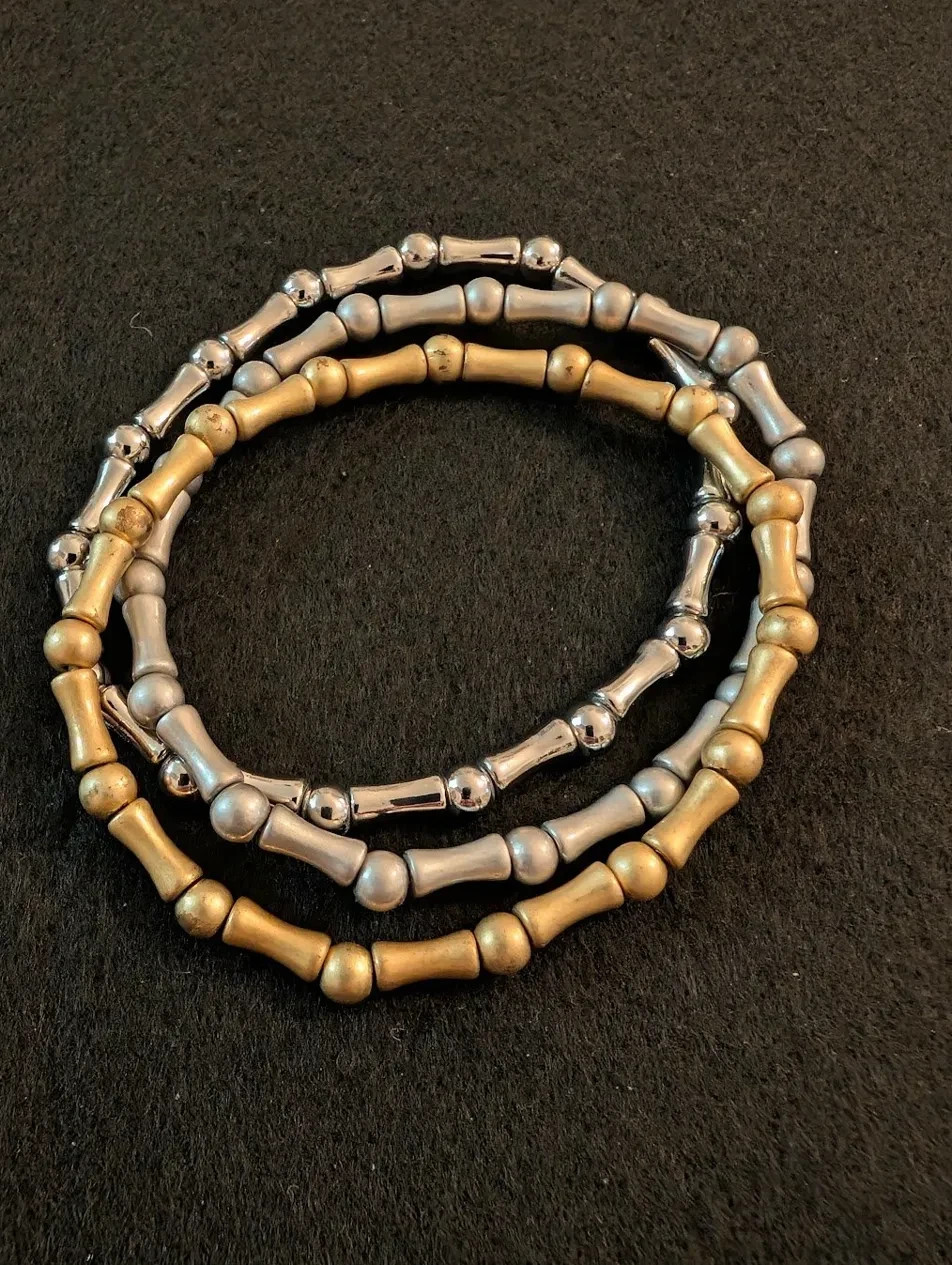 Set of 3 Bamboo Link Stretch Bracelets | Silver Pewter Antique Brass