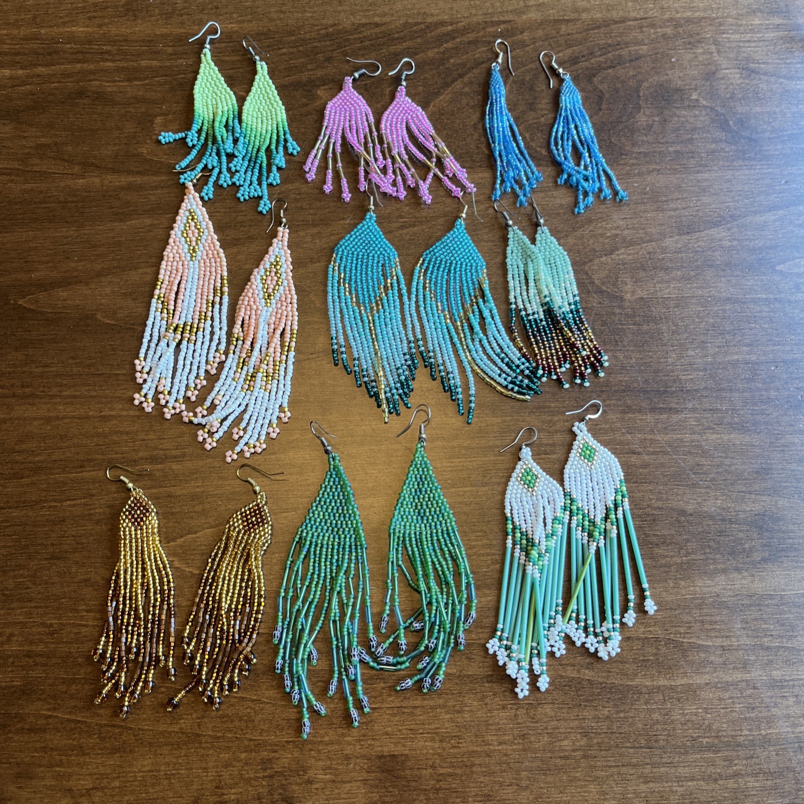 Boho Lot Native Multicolored Seed Bead Beaded Earrings Fringe Long 9 pair