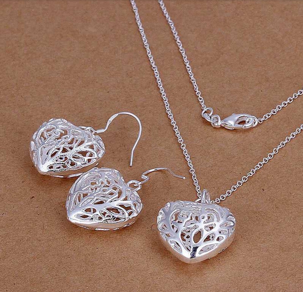 925 Sterling Silver Heart Necklace Earrings Set Filigree style Free Gift Bag