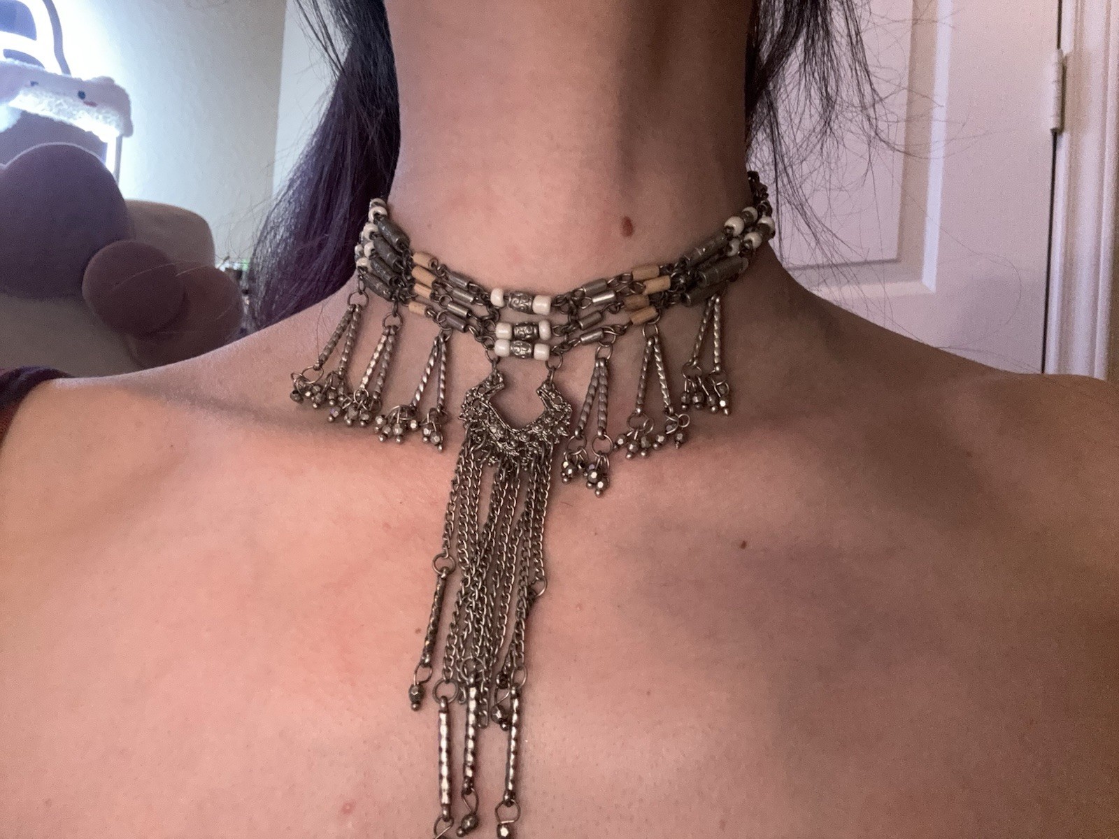 Silver Tone Boho Multi-Strand Beaded Choker Adjustable Cable Chain Charm Fringe