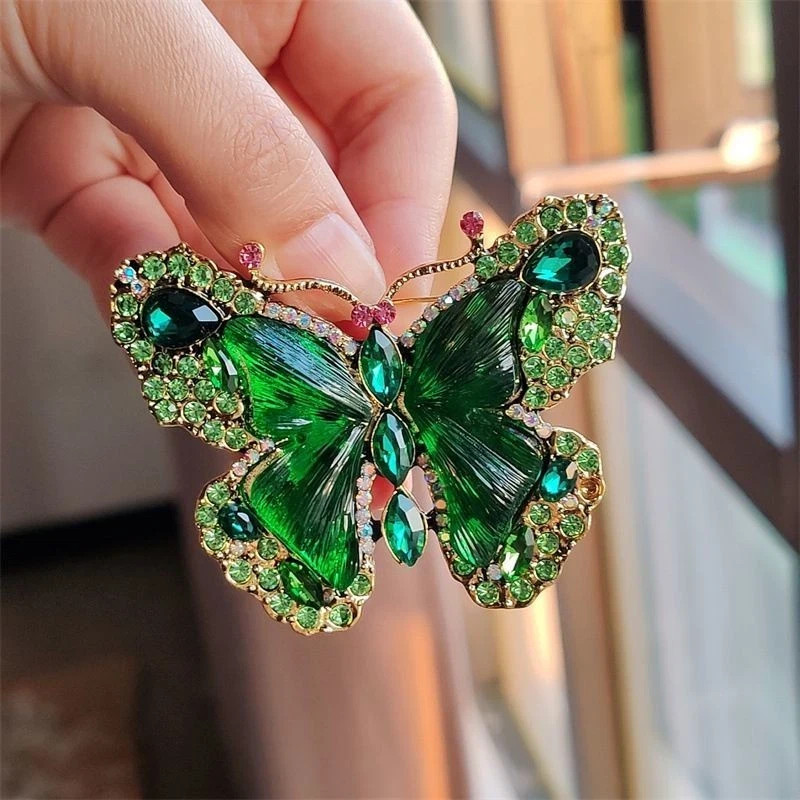 Heavy Crystal Green Butterfly Brooch Retro Women Coat Pin Jewelry Dress up