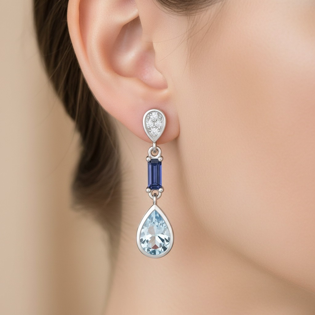 925 Sterling Silver Sky Blue Topaz Drop Earrings | Pear Cut Topaz & Baguette