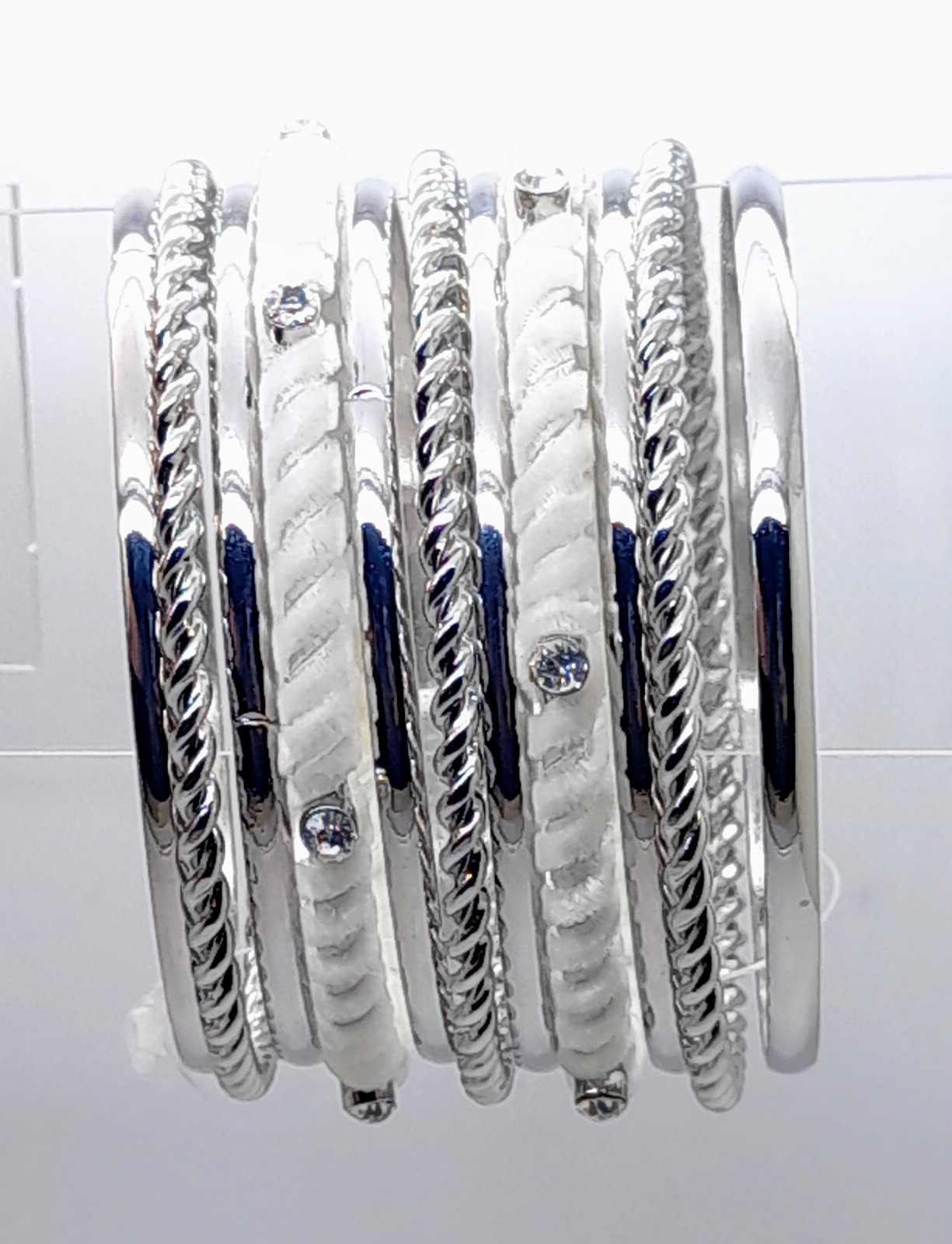 wide style Set of 11 Fashion white & silver multi Layered metal Bangle Bracelets