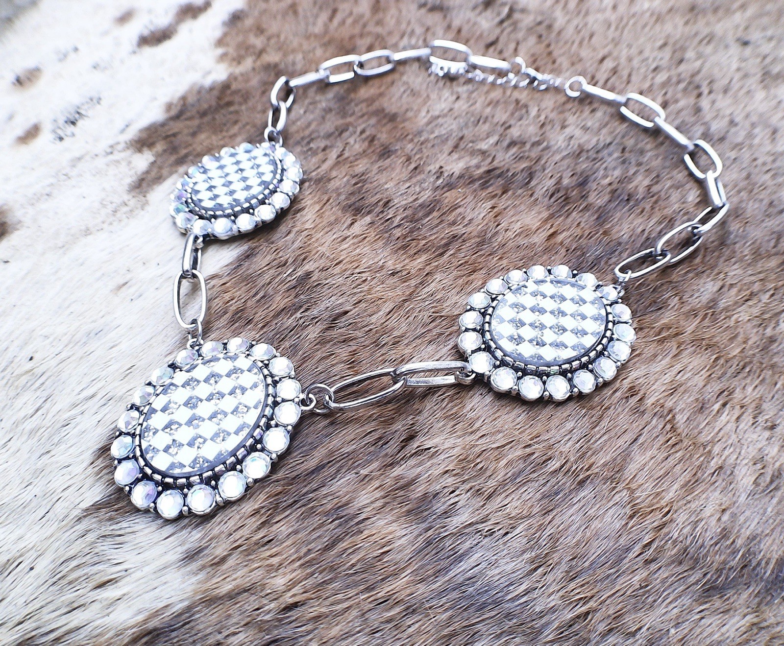 Western Checkered Crystal Necklace Cowgirl Statement Rodeo Boutique Jewelry
