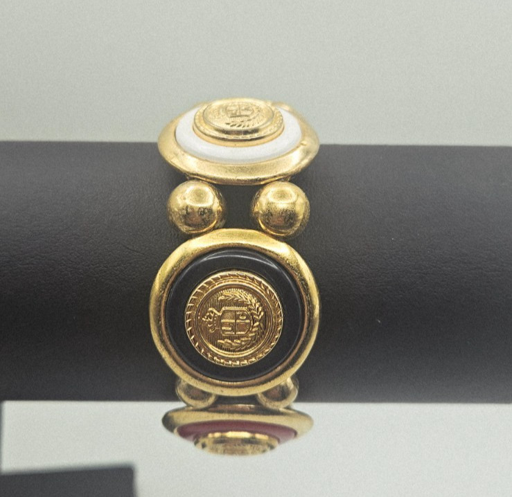 Liz Claiborne Bracelet Crest Gold Tone Red Black White Enamel Stretch NAUTICAL