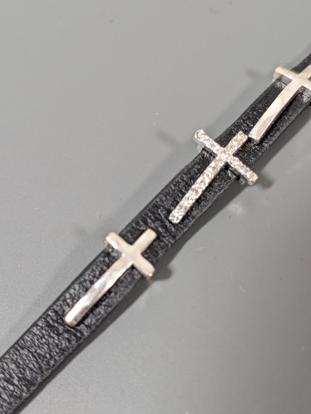 Black Faux Leather Cross Bracelet With Snap Closure & Rhinestone Accents 6.5″