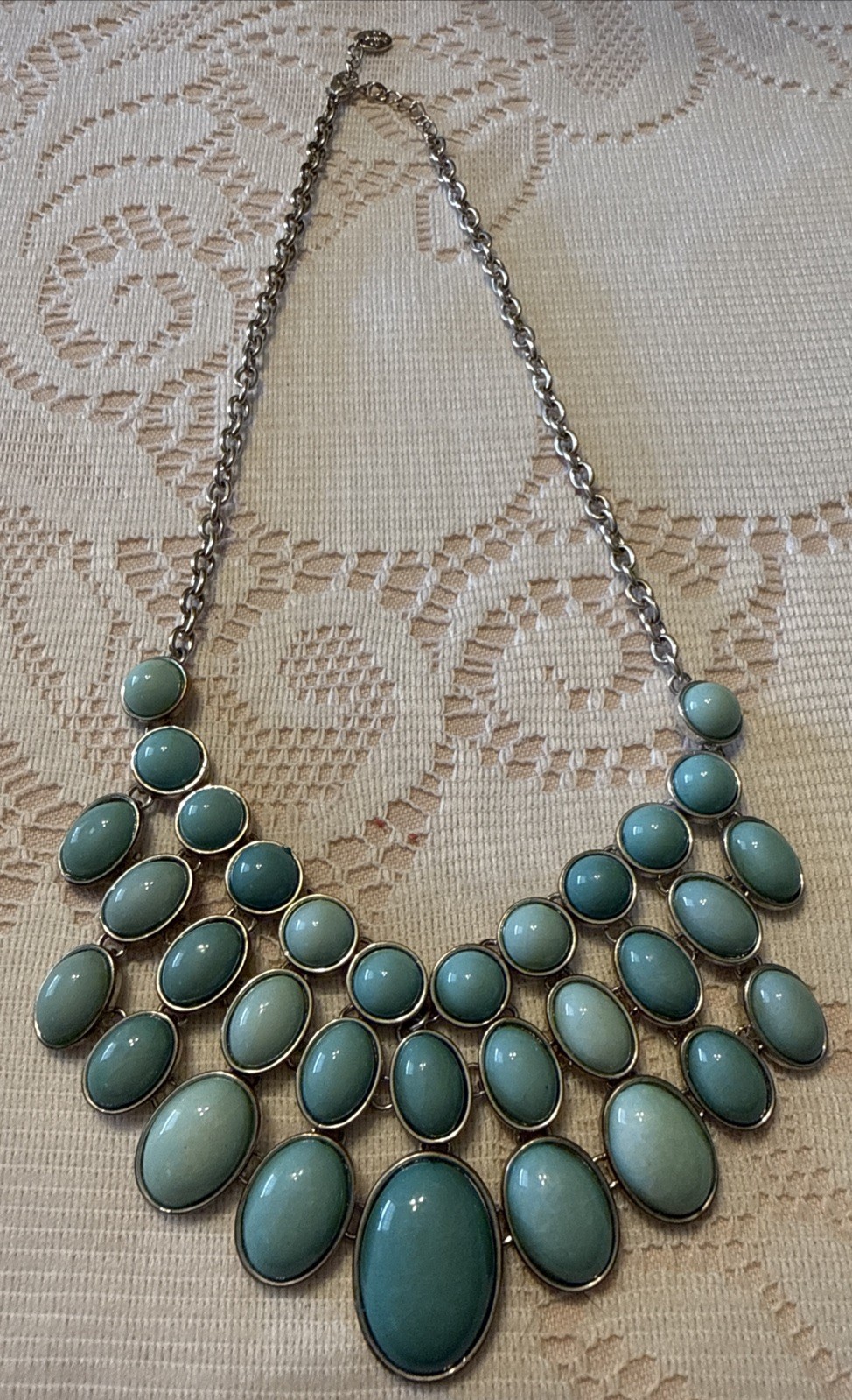Faux Turquoise Teal Cabochon Bib Statement Necklace Silver Tone Southwestern