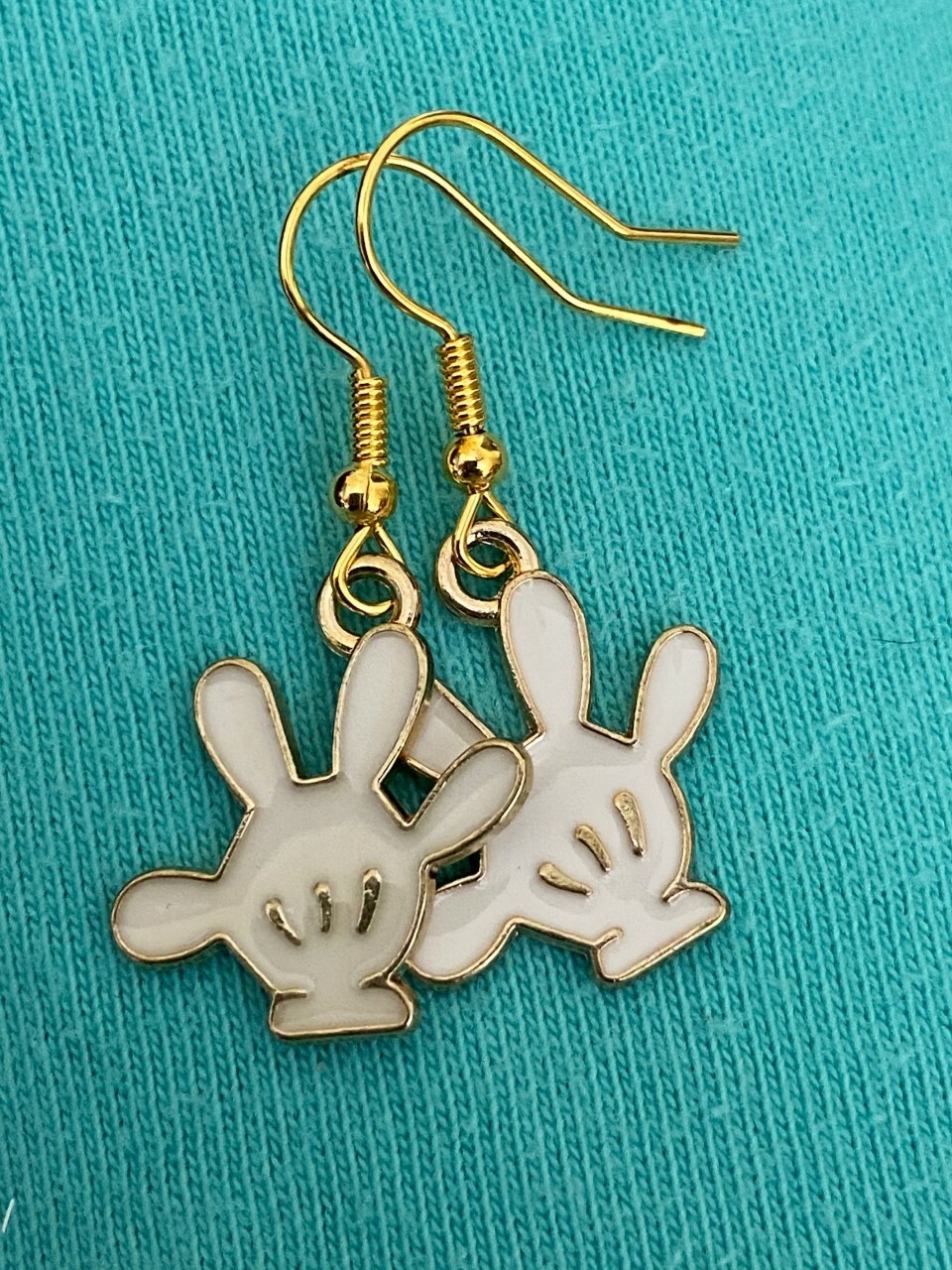 New Yellow Gold White Enamel Mickey Mouse Hand Glove Hook Charm Dangle Earrings