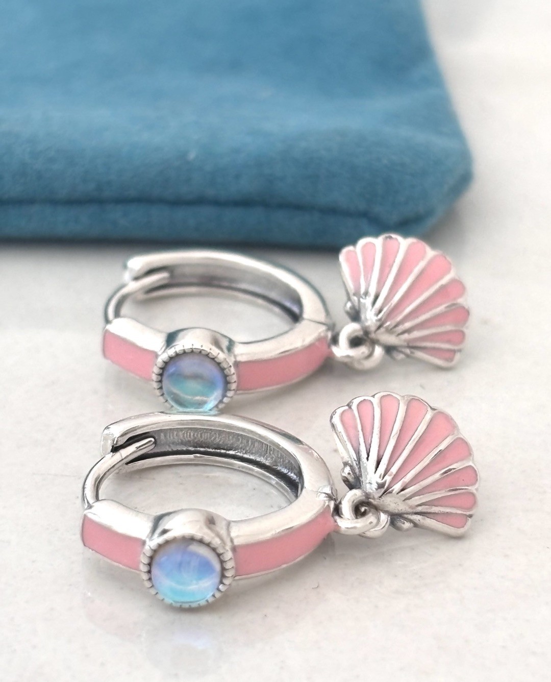 Sterling Silver Hoop Earrings Pink Shell Blue Stone Dangle Beach Gift For Her Uk