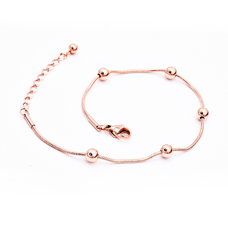 Women Titanium Stainless Steel Rose Gold Bead Chain Anklet Bracelet 8-10″ PE14