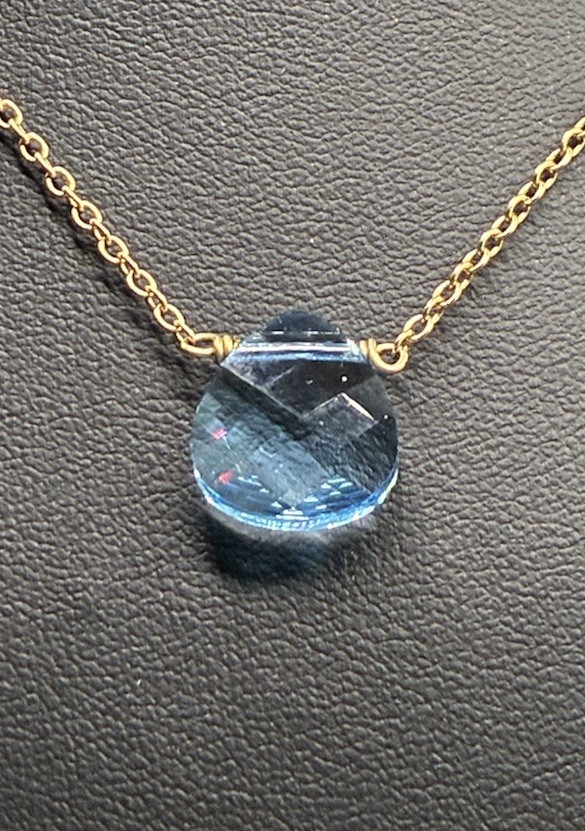 Touchstone Light Sapphire, Briolette, Swarovski Crystal Gold Tone Necklace