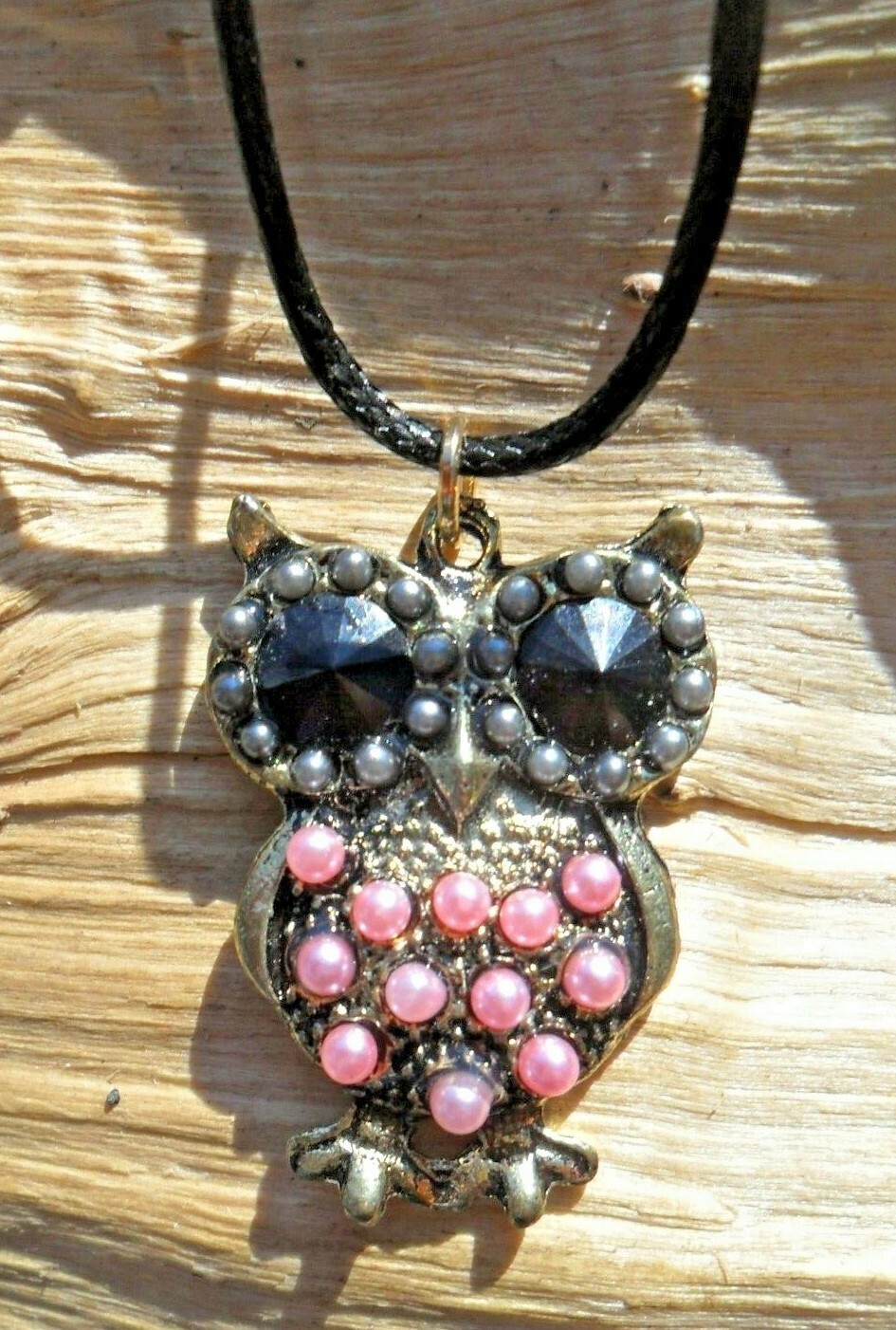 Owl Pink Pearls & Gold Effect Pendant 3.5×2.5cm + Black Waxed Choker Cord 43cm