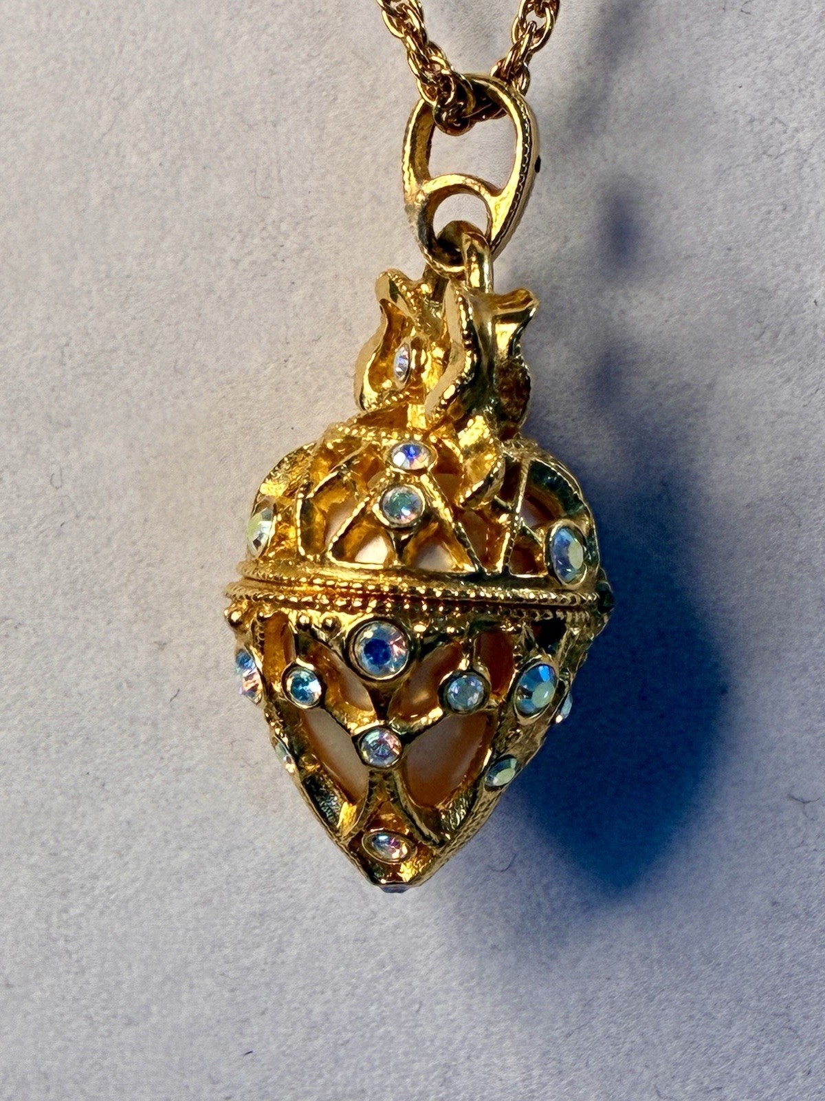 Joan Rivers Gold Fabergé Egg Pendant Clear Rhinestone Rope 30in Signed
