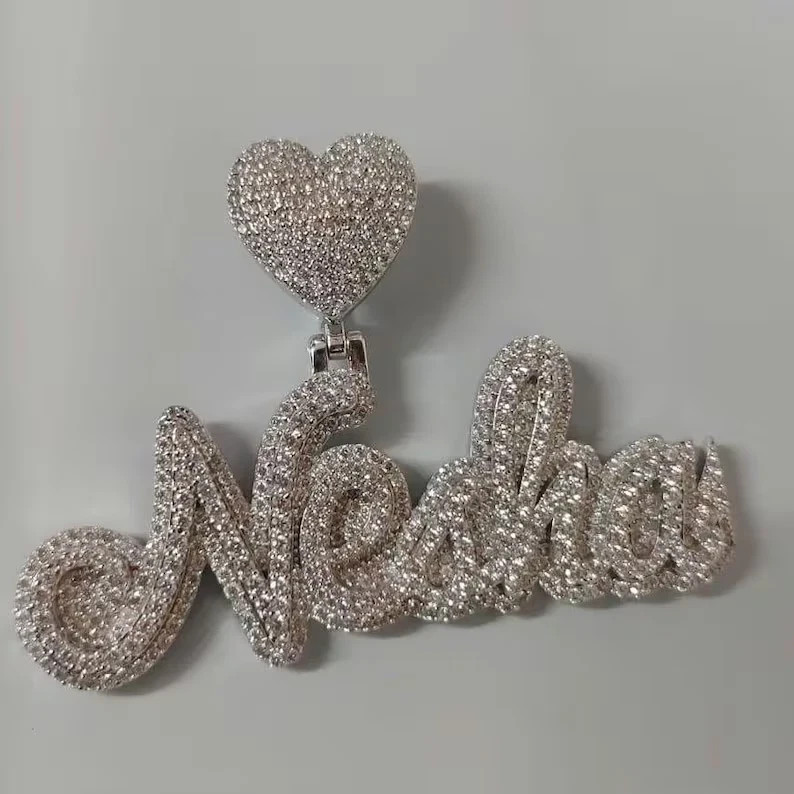 3 Ct Round Cut Simulated Diamond Customized Name Pendant 14k White Gold Plated