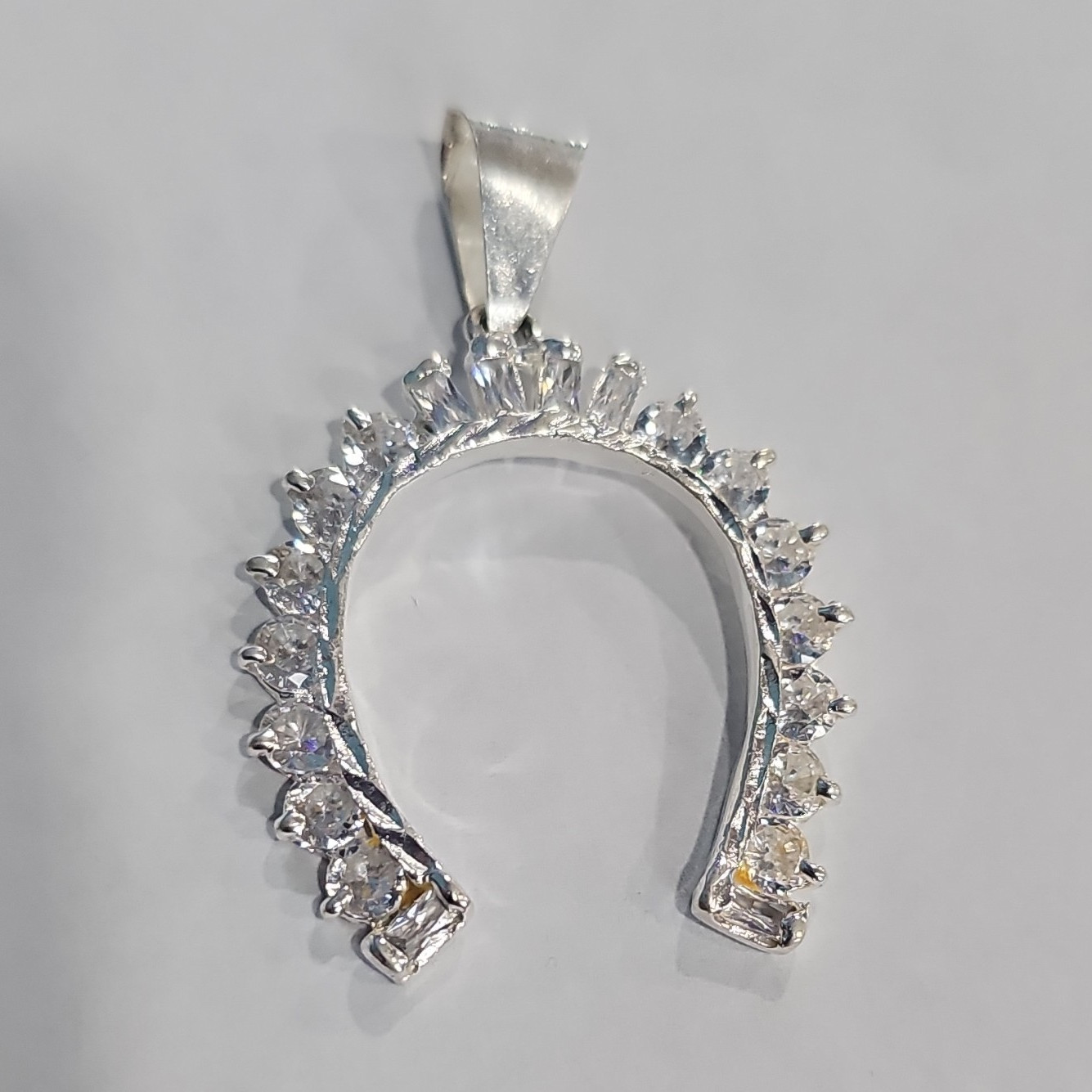 Silver Horseshoe Charm Pendant, Clear/White Simulated CZ, Prong Set Luck
