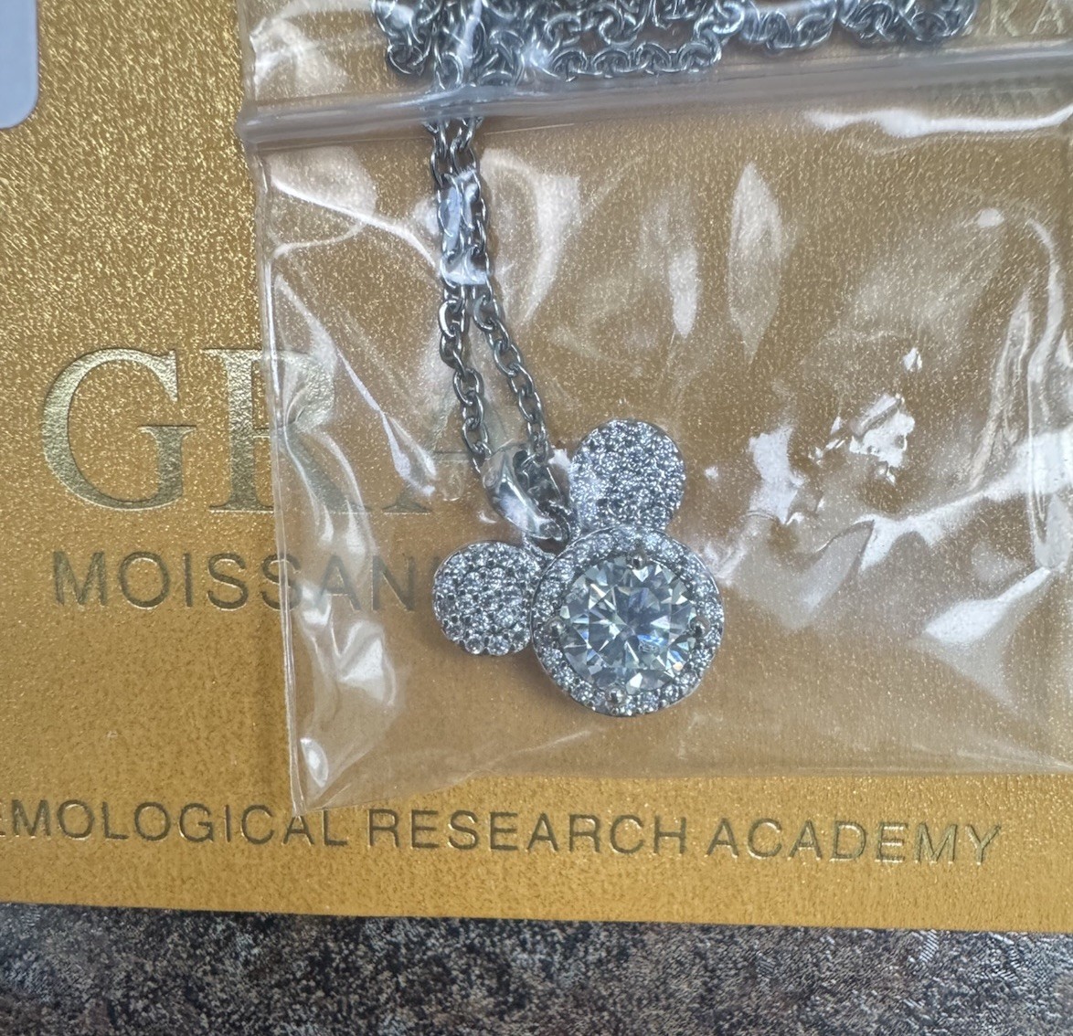 Real Moissanite Mickey Mouse necklace, white gold plated