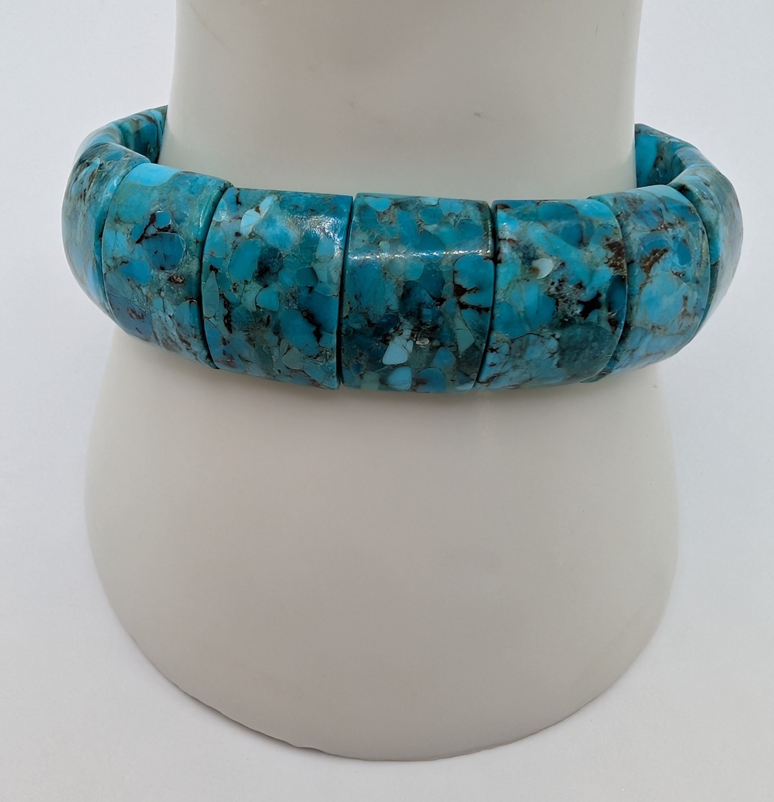 Composite Turquoise Wide Stretch Bracelet Blue Matrix Statement 7″ Boho Chunky