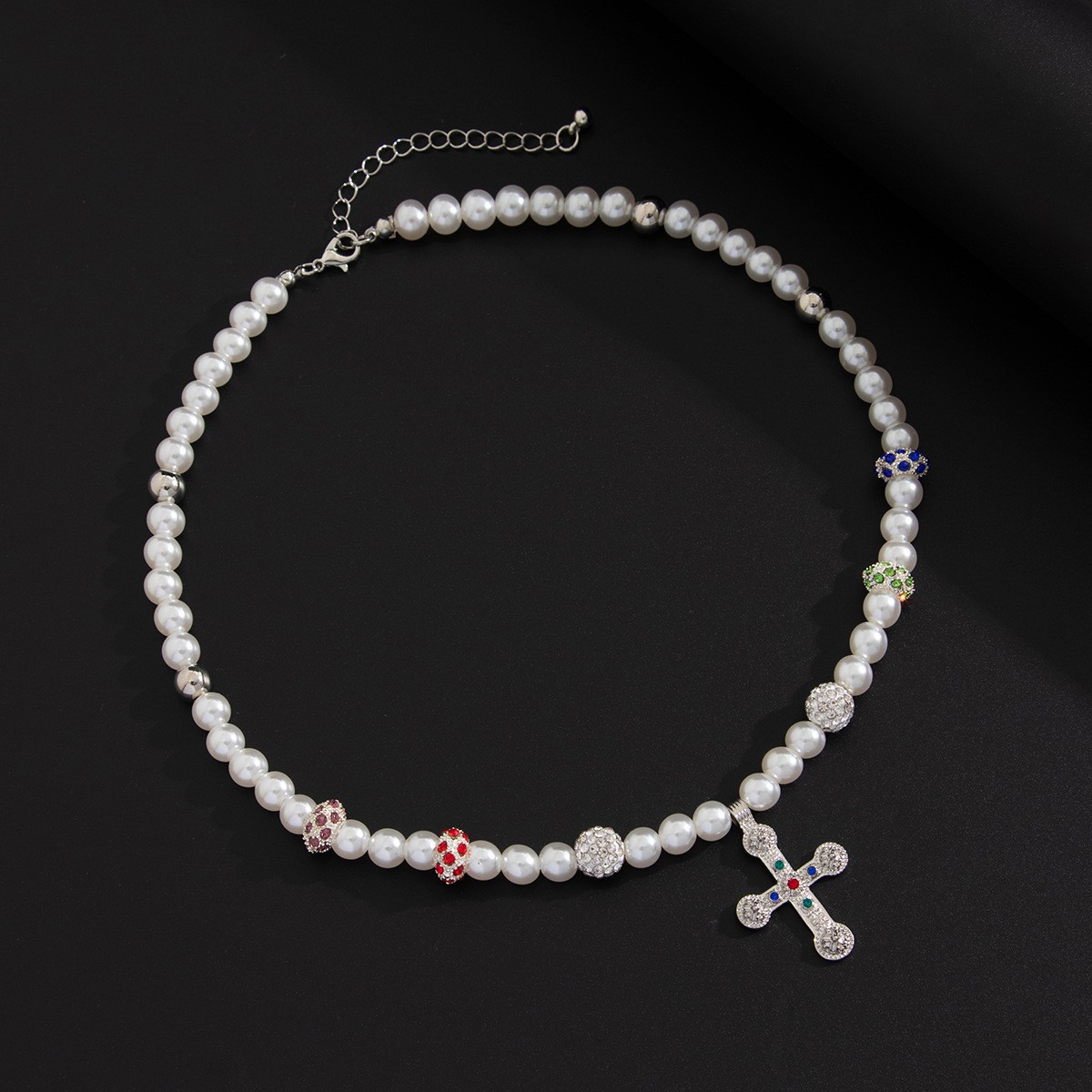 Alloy Imitation Pearl Cross Necklace Men Cubic Zirconia Beaded Pendant Jewelry