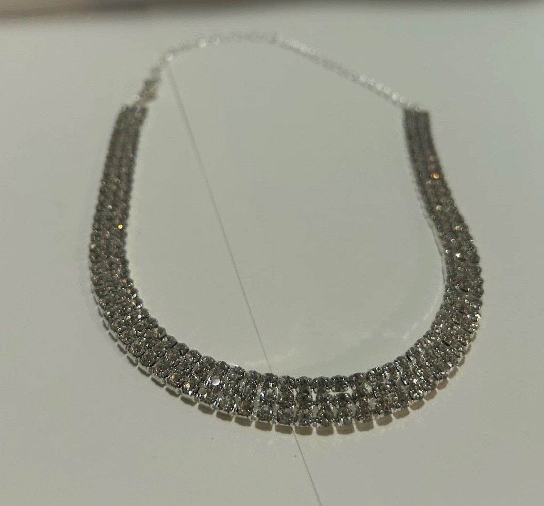 Iced Out CZ Tennis Necklace Silver Plated Adjustable 11.5-18in Chain