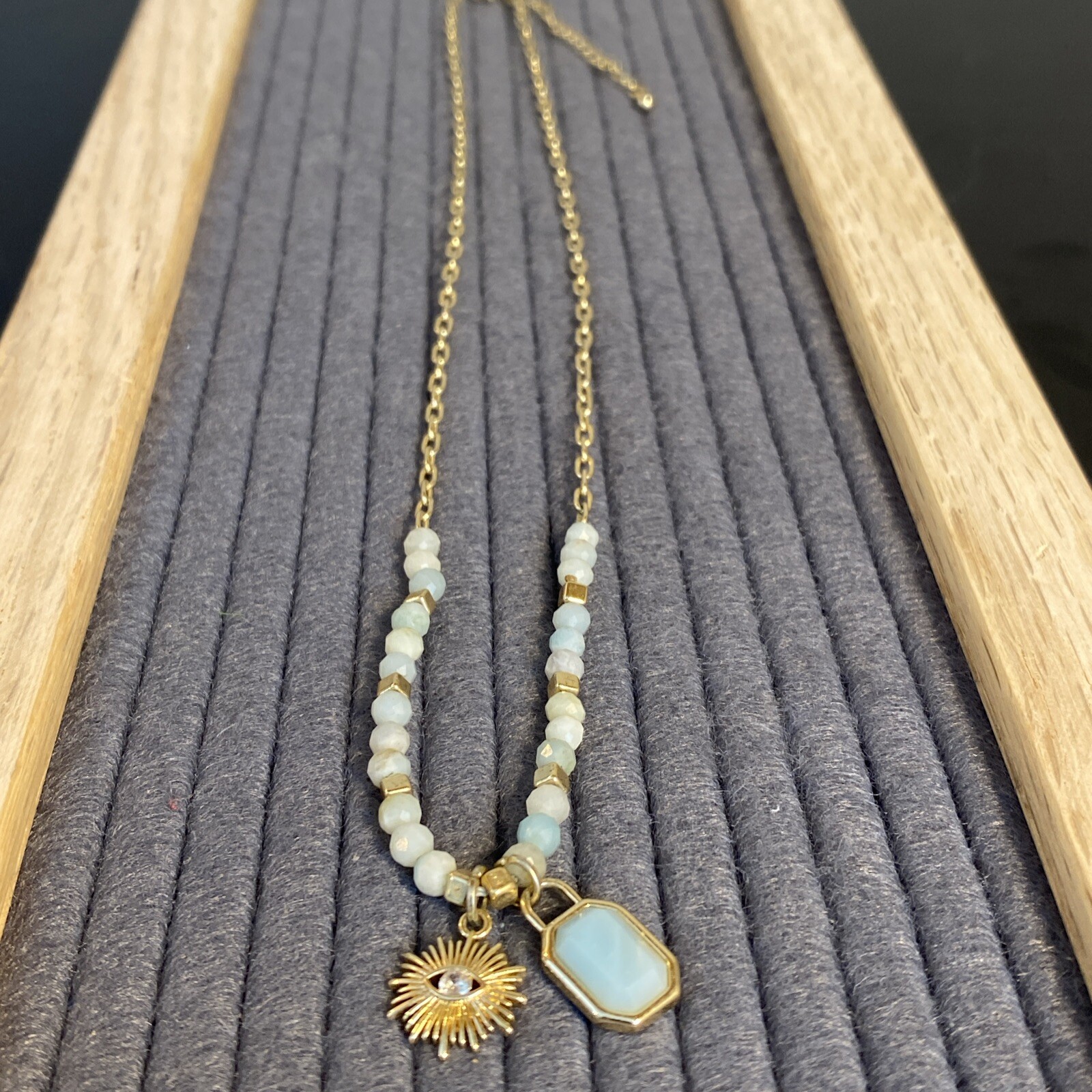 Gold Tone Necklace Trapezoid Pendant Teal Blue Peach Beaded