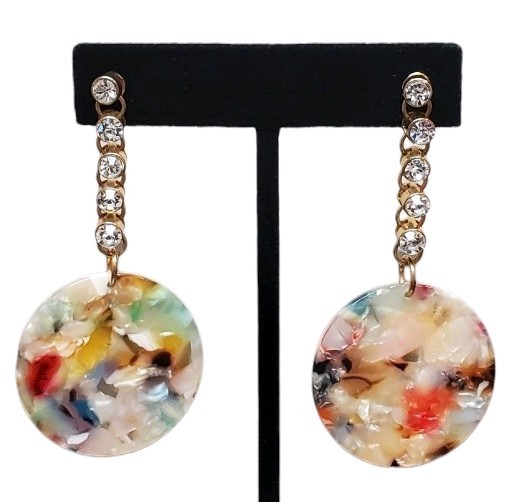 Estate Gold-Toned Multicolor Resin Disc & White Rhinestone Post Back Earrings