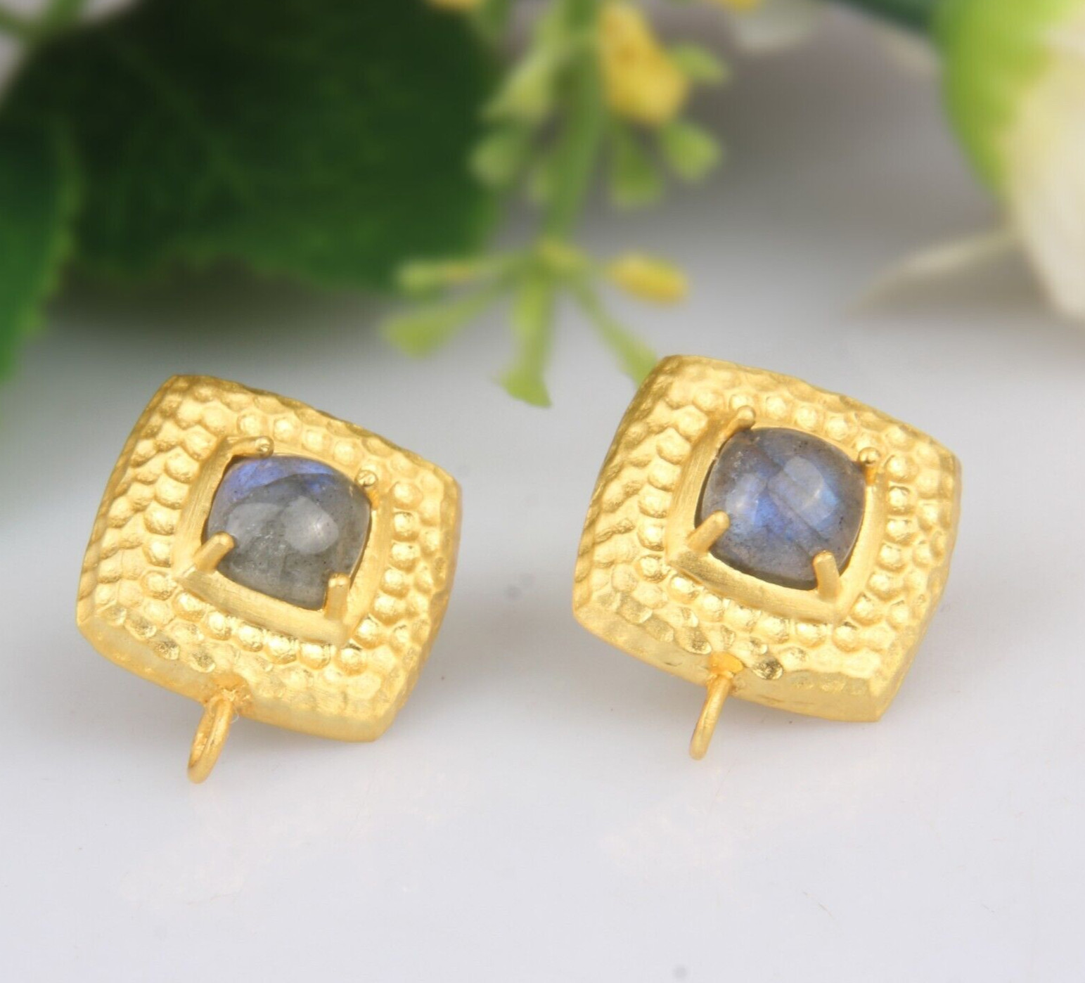 18K Gold Plated Texture Cushion Shape Labradorite Gemstone Stud Earrings Jewelry