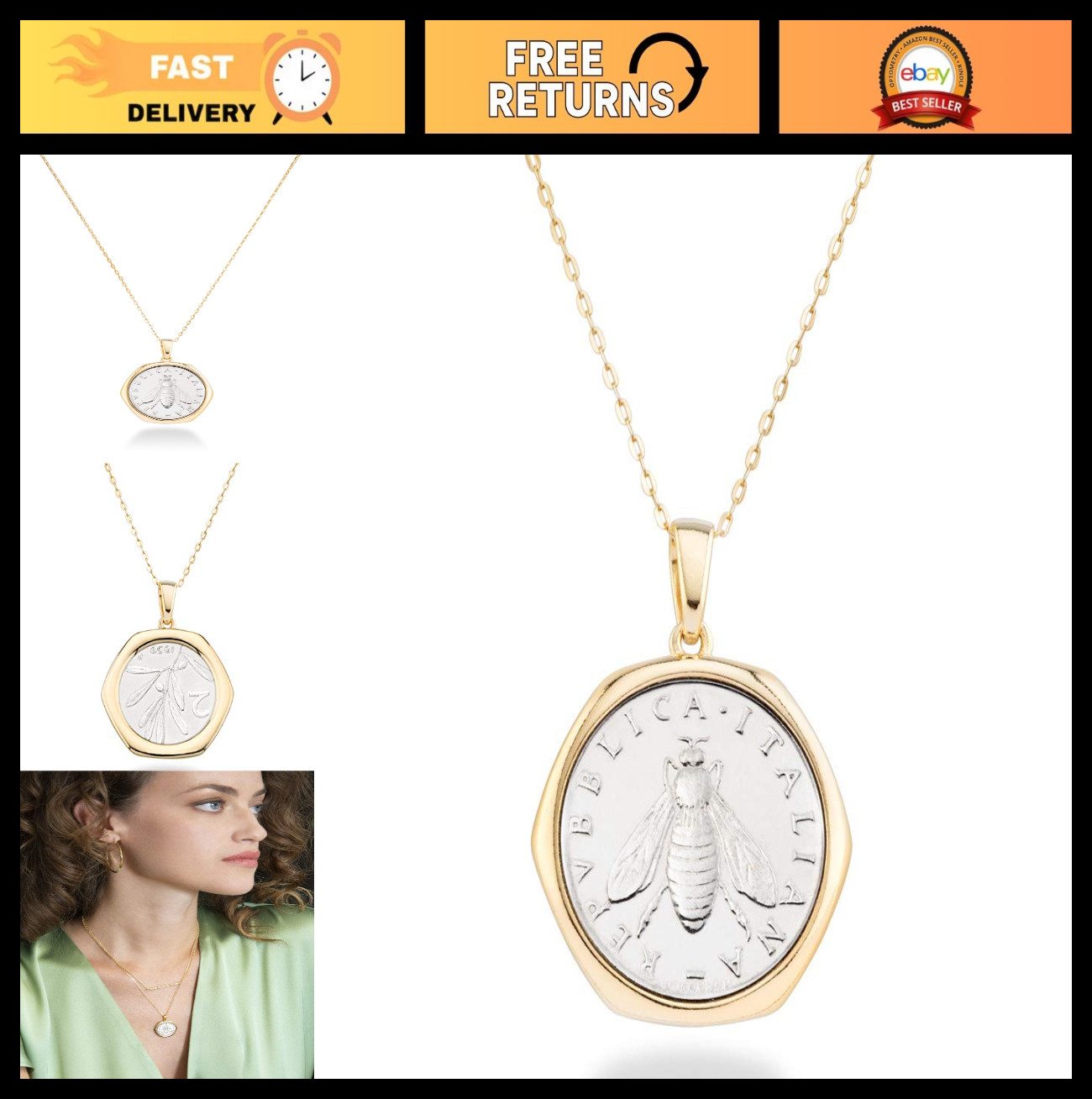 18K Gold Plated 925 Sterling Silver 2-Lira Bee Coin Pendant Necklace for Women 1