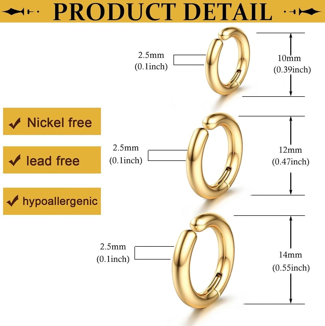 SIISPRI 3 Pairs Clip On Huggie Earrings for Men Women, 10 millimeters, Gold