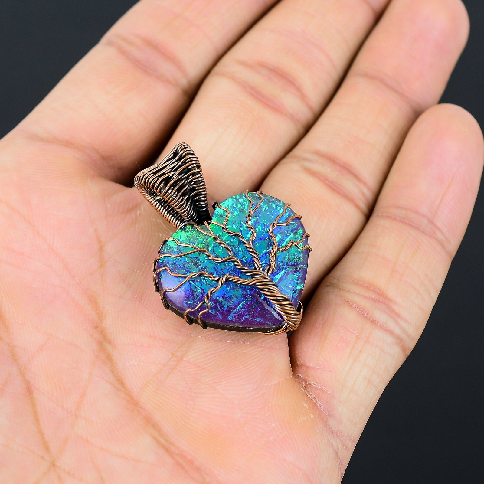 Tree Of Life Pink Opal Gemstone Copper Wire Wrap Handmade Pendant For Gift