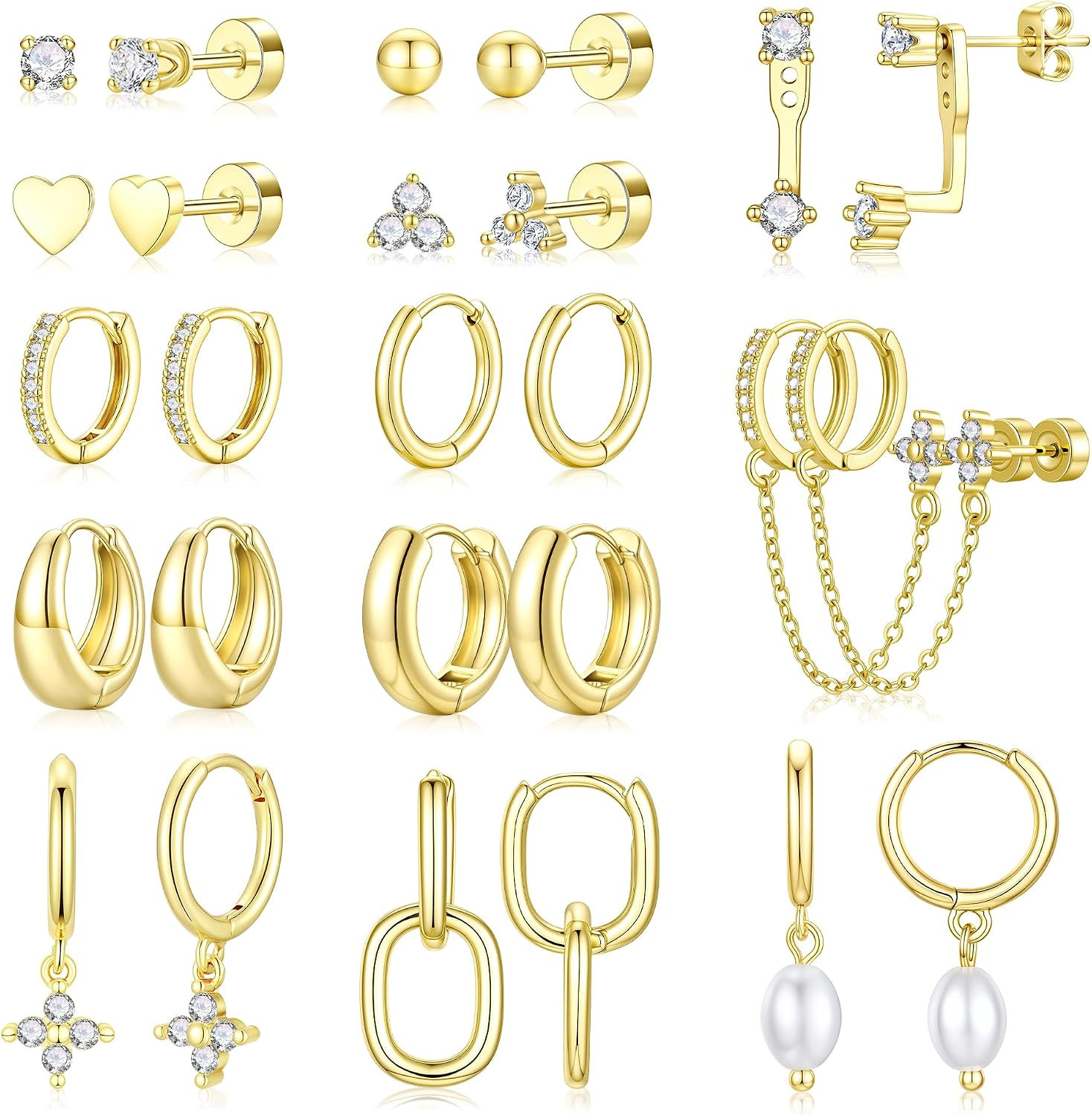 13 Pairs Gold Hoop Earrings for Women, Hypoallergenic 14K Gold Plated Hoop Stud
