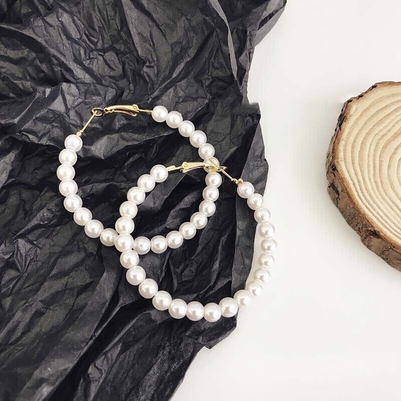 Pretty New Fashion Jewelry Yellow Gold Plated White Pearl 2″ Round Hoop Earrings