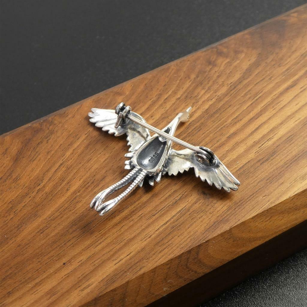 Unique Sterling Silver Open Wing Flying Egret Stork Bird Brooch Pin Fine Details