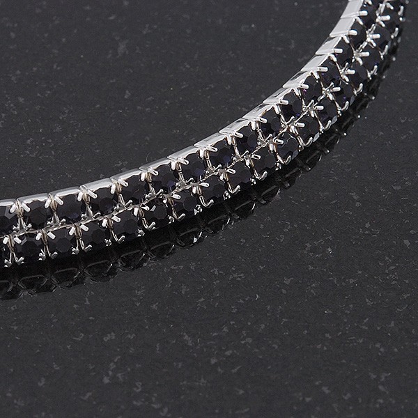 2 Row Montana Blue Crystal Choker Necklace in Silver Tone 38cm L/ 10cm Ext