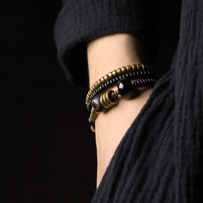 Unisex Copper Beads Wooden Bracelet Vintage Literary Style Handmade Jewelry Gift