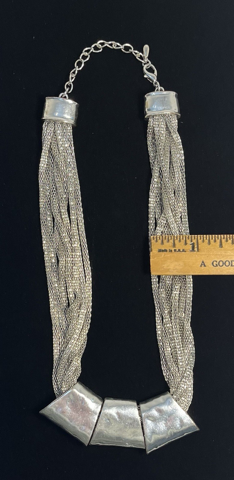 Silver-Toned Statement Necklace Multi-Strand Mesh Chains Trapezoid Pendants