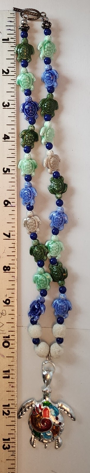 Ceramic Sea Turtle Beaded Necklace Enamel Turtle Pendant Colorful 21″