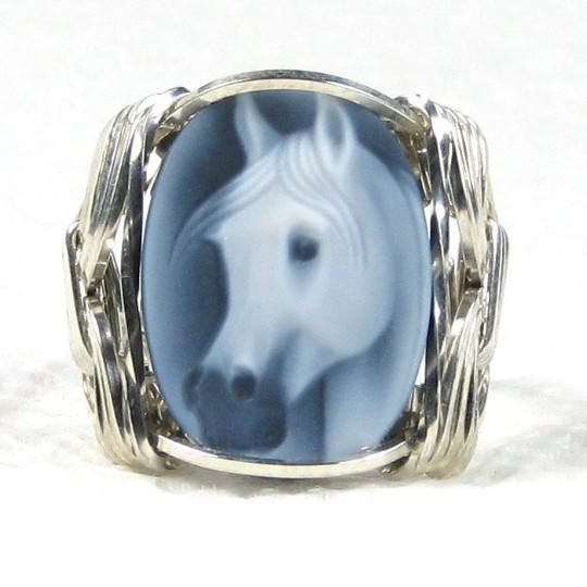 Horse Black Agate Cameo Ring Sterling Silver Custom Jewelry