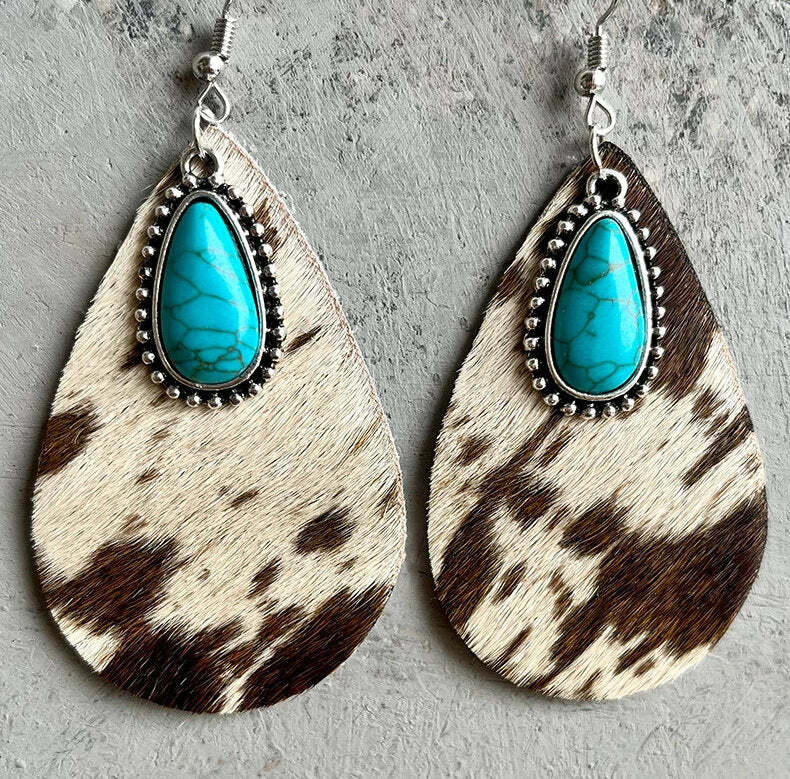 Turquoise & Cowhide Leather Teardrop Earrings (Assorted Styles)