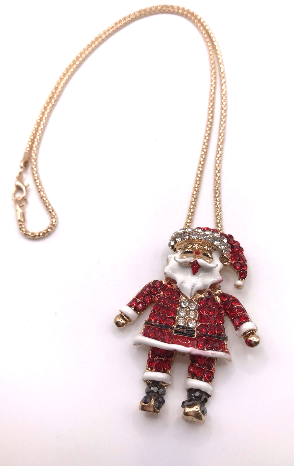 Red Black Clear Rhinestone Santa Claus Pendant Gold Tone Chain Lobster Clasp
