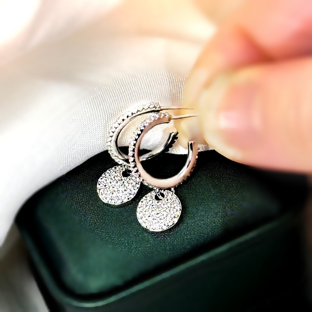 Pave set disc made with SWAROVSKI crystal 18k white gold gf open hoop earrings