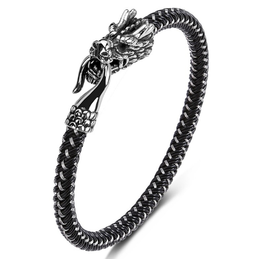 Men’s Women’s Dragon Head Wired Black Braided Leather Bracelet / Bangle 7.4-9″