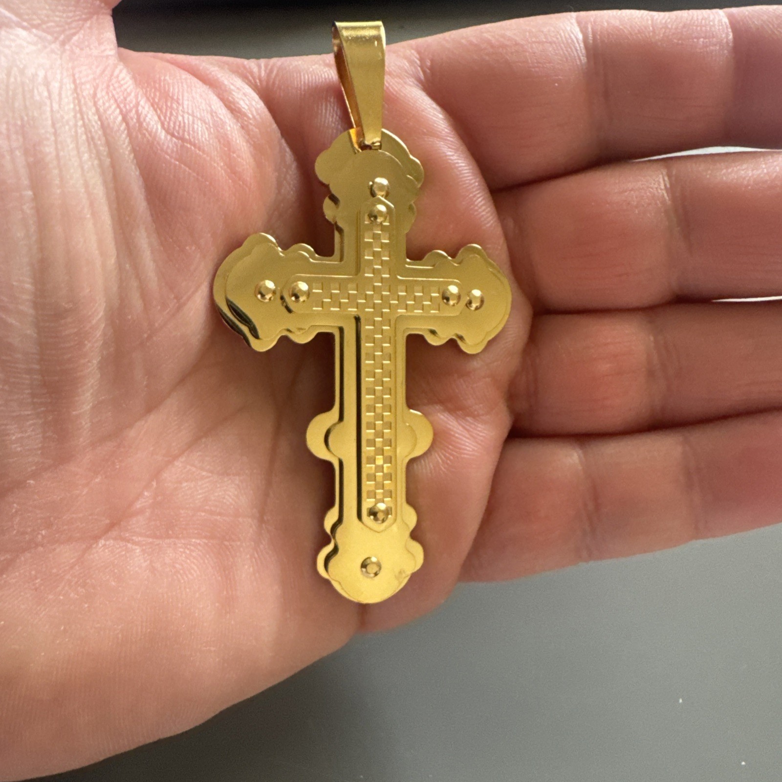 Triple Gold Plated Cross Pendant 24 Inch Chain Stainless Steel Catholic Gift