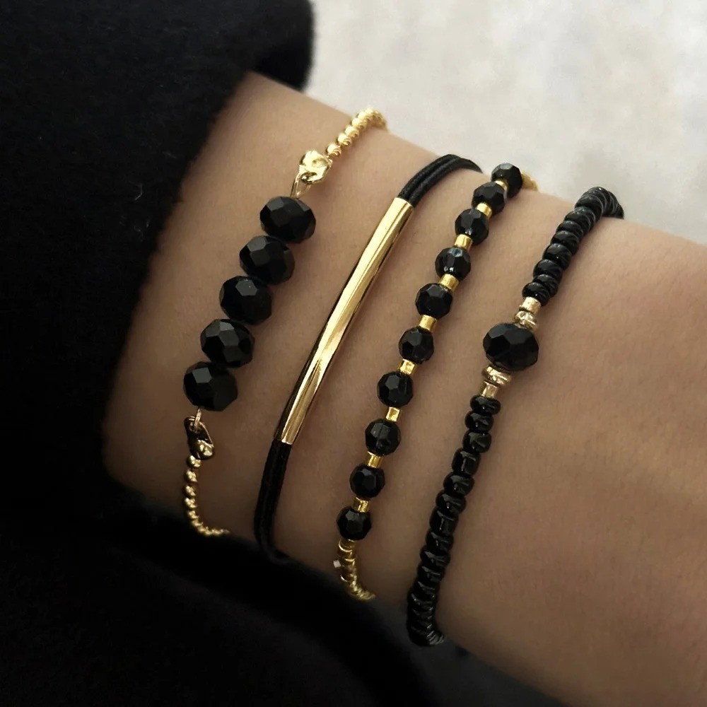 4Pcs/Set Fashion Black Glass Stone Bracelets For unisex Boho Handmade Jewelry