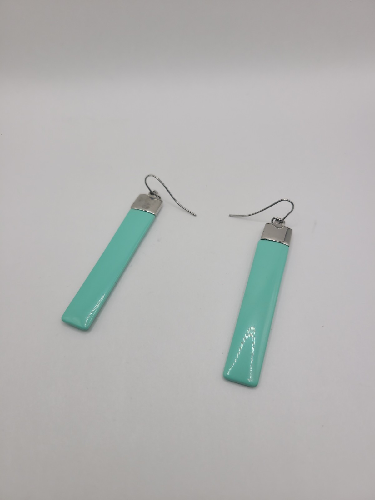 Modern Blue-Green Bar Dangle Earrings Silver Tone Minimalist Geometric Long Drop